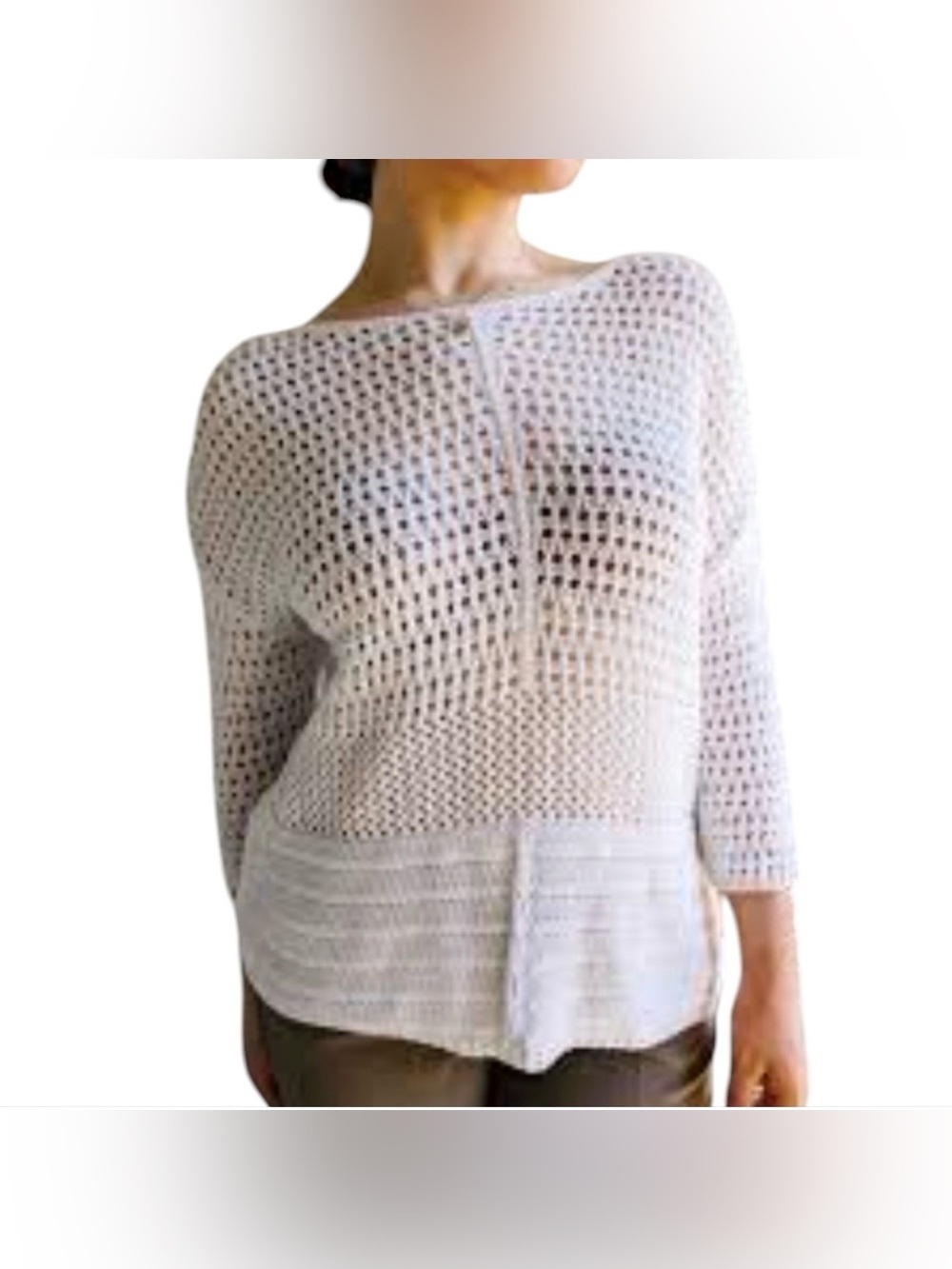 LOFT Lounge 3/4 Sleeve Crochet Pullover Sweater Open Knit‎ Large White B15